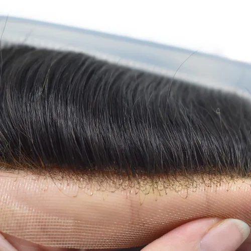 Miniatura 3 de Sistema de cabello humano negro tipo tupé soldado fino para hombre, línea capilar natural, nudo blanqueado, encaje frontal, pelucas mono