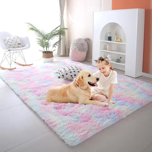 Alfombras para dormitorio de niñas sala de estar: alfombra de área peluda de 5 x 7 para sala de juegos de niños, alfombra peluda de felpa pastel