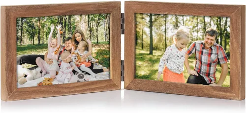 Miniatura 24 de Marco de fotos doble de 4 x 6 pulgadas con bisagras horizontales, marco de fotos plegable en madera de pino negro con vidrio real para mesa