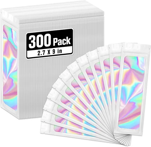 Miniatura 12 de ANZNKU Paquete de 300 bolsas multicolor para bolígrafos, bolsas holográficas de Mylar con ventana transparente, bolsas de embalaje a prueba