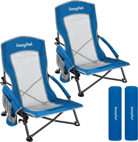 Miniatura 13 de SUNNYFEEL Silla de playa baja plegable para adultos, sillas de camping de playa ligeras portátiles con soporte para tazas, reposabrazos, silla