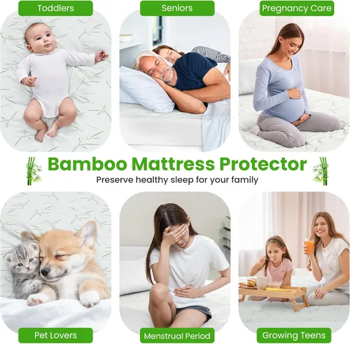 Miniatura 5 de Hannah Linen Protector de colchón de bambú, 100% impermeable, funda de colchón individual – Funda de colchón de bolsillo profundo ajustable de hasta