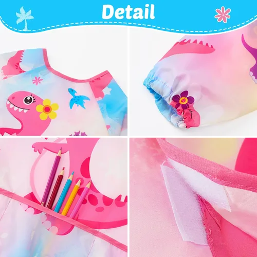 Miniatura 3 de WERNNSAI Bata de arte para niños impermeable con manga larga y 3 bolsillos de pintura Dinosaurio B001