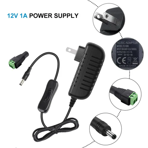 Miniatura 5 de Fuente de alimentación de 12 V, fuente de alimentación de 12 voltios 1A 12 W CC con interruptor de encendido y apagado, adaptador de corriente LED