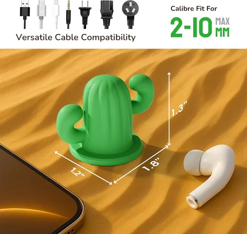 Miniatura 6 de ELETIUO Cactus - Organizador de cables de silicona con adhesivo fuerte, soporte universal para cables para escritorio, hogar, automóvil, organizador