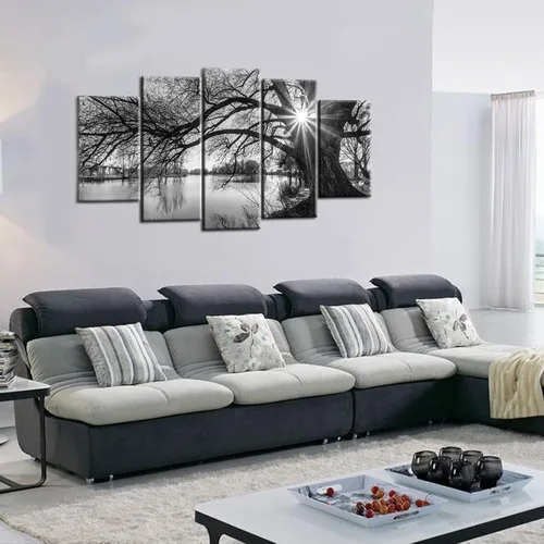 Miniatura 3 de sechars - 5 piezas de arte de pared, diseño de árbol viejo por lago, pintura de amanecer, paisaje blanco y negro, decoración moderna de pared