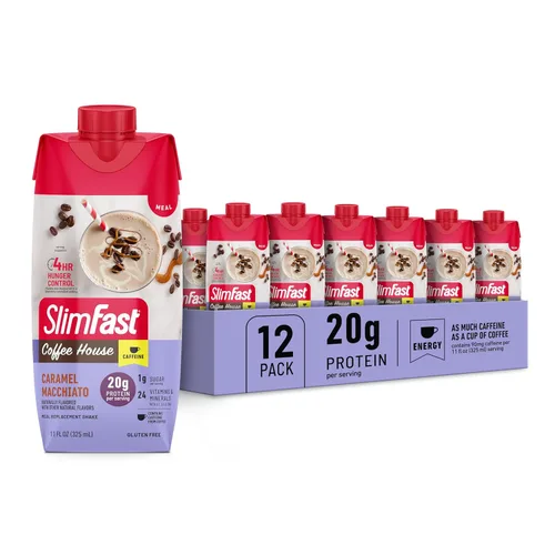 SlimFast Batido de Proteína con Cafeína, Caramel Macchiato - 20g de Proteína, Batidos de Reemplazo de Comida, Alto en Proteína con Bajo en