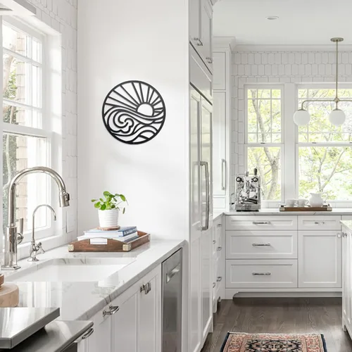 Miniatura 8 de Urbraneco Adorno de pared de metal con diseño de sol y ondas, diseño minimalista de línea de amanecer, letrero redondo para sala de estar, cocina