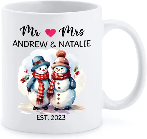 Regalo personalizado de amor – Bonita taza de cerámica de muñeco de nieve para pareja – Taza de porcelana personalizada con nombres y año – Taza de