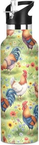 Kids Water Bottle Leakproof Insulated Water Bottle 20oz, BPA-Free, Watercolor Chickens Roosters Wildflowers