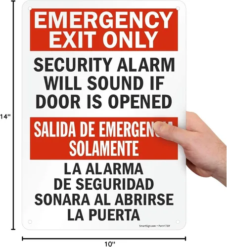 Miniatura 10 de SmartSign Letrero bilingüe "Solo salida de emergencia: la alarma de seguridad sonará si la puerta está abierta", plástico de 10 x 14 pulgadas