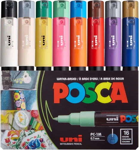 UNI POSCA PC-1M - Rotuladores de pintura a base de agua, punta extrafina (0.7mm), colores surtidos, paquete de 16