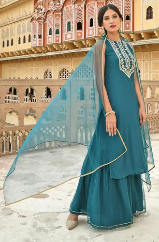 Miniatura 6 de Janasya Indian - Kurta bordada de seda de poliéster verde azulado para mujer con Sharara y Dupatta