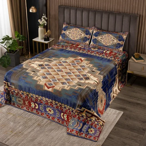 Erosebridal Colcha King, Colcha Exótica Bohemia, Cobertor de Encaje Bohemio Tribal Floral Rojo Amarillo Azul Degradado Retro, Acolchado Egipcio de