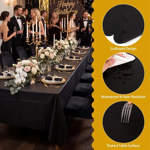 Miniatura 6 de 3 Pack Plastic Black Tablecloth, 54 X 108Inch Disposable Scalloped Dessert Table Coth for Rectangle Tables Waterproof Outdoor Table Cover for BBQ