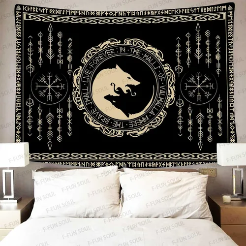 Miniatura 7 de Tapiz de los vikingos nórdicos, franela suave grande de 60 x 51 pulgadas, símbolo Vegvsir gemelos dragones, runa celta escandinava, tapiz