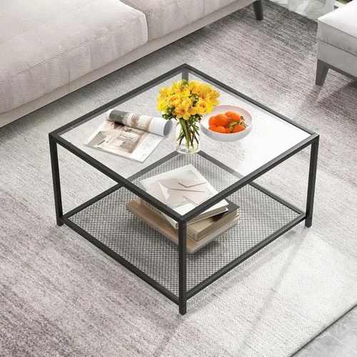 Giantex Mesa auxiliar cuadrada de 27.5 pulgadas, mesa central de vidrio templado con estante inferior de almacenamiento y marco de metal, mesa