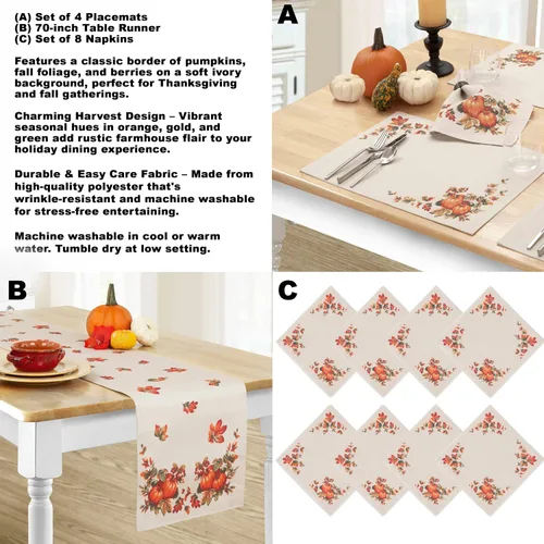 Miniatura 4 de Lintex Mantel de tela de cosecha de otoño de Thanksgiving Traditions, cuadrado de 52 x 52 pulgadas, parche de calabaza y borde de hojas de otoño