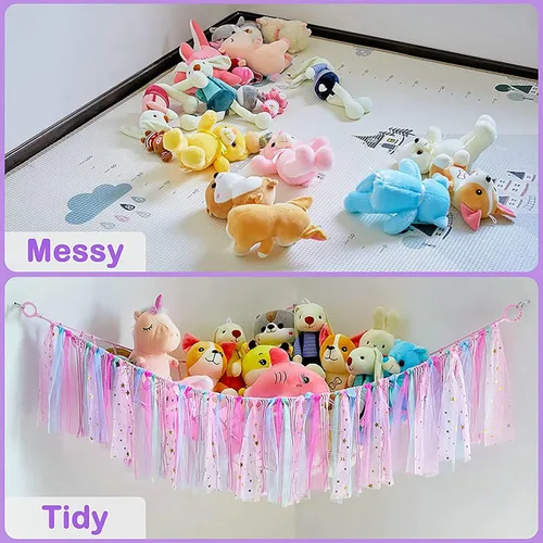 Miniatura 4 de Hamaca de almacenamiento de red de animales de peluche con luces LED, borlas coloridas, hamaca colgante de juguetes de peluche, organizador para Rosa