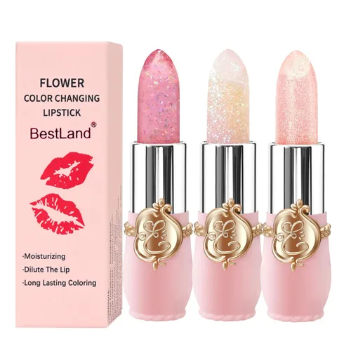 Miniatura 10 de BestLand - Set de 3 piezas/conjunto de lápiz labial de gelatina floral, bálsamo hidratante que cambia de temperatura, color mágico que cambia, 3