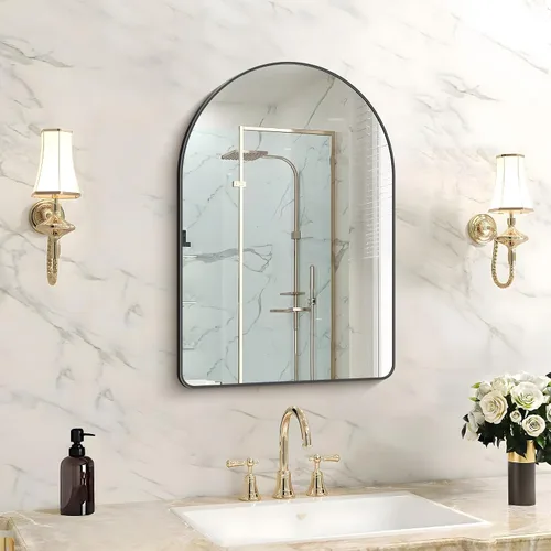 FORBATH Espejo de baño arqueado de 16 x 24 pulgadas, espejo de baño negro montado en la pared, moderno marco de aleación de aluminio, espejo de arco