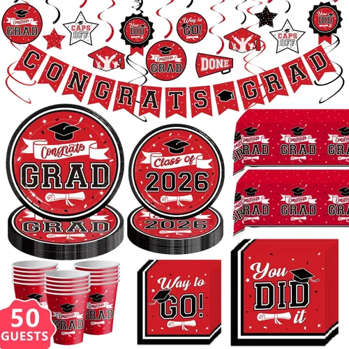 DAZONGE Decoraciones de graduación 2026 rojo y negro, kit de vajilla desechable de 265 piezas para 50 invitados, platos, servilletas, vasos, mantel