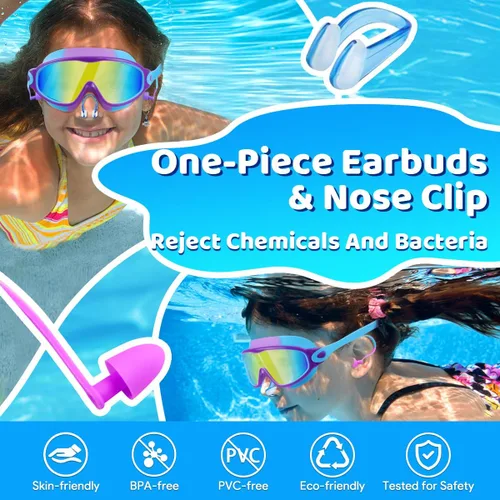 Miniatura 6 de Vvinca Gafas de natación para niños, con tapones para los oídos y clip para la nariz, visión amplia, antivaho y UV, para niños y niñas de 3 a 15 años