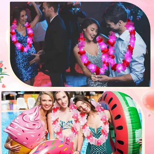 Miniatura 20 de Sherr 24 piezas de collares de flores de leis hawaianas con luces LED para boda, luces LED para leis hawaianas, collares de flores de leis hawaianas