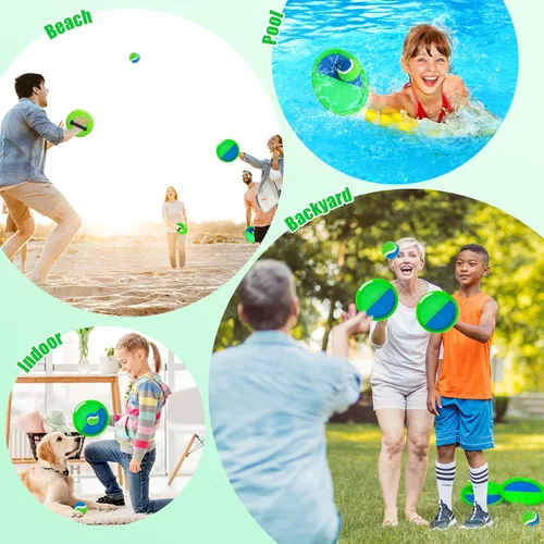Miniatura 2 de Juego de pelota para lanzar y atrapar, 4 paletas y 4 bolas al aire libre, juego de captura de remo para niños, patio trasero, playa, piscina, patio