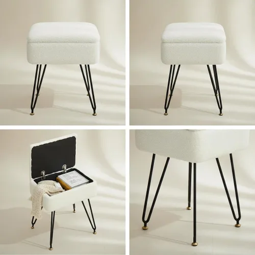 Miniatura 9 de Taburete de tocador, taburete otomano de piel sintética de peluche con patas de metal y pies negros ajustables, silla de maquillaje con Blanco