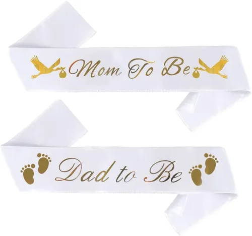 Miniatura 7 de Banda para baby shower con texto en inglés "Dad To Be & Mom To Be", color rosa con letras doradas para papá y mamá para baby shower Banda