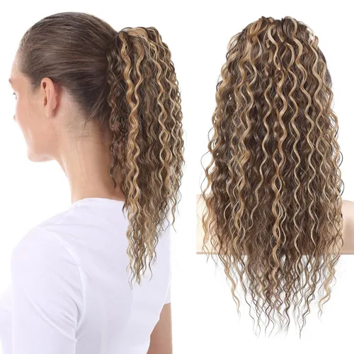 Miniatura 15 de Flufymooz Extensión de cola de caballo, 26 pulgadas, estilo bohemio, con cordón, extensiones de cabello para mujer, cola de caballo larga, rizada