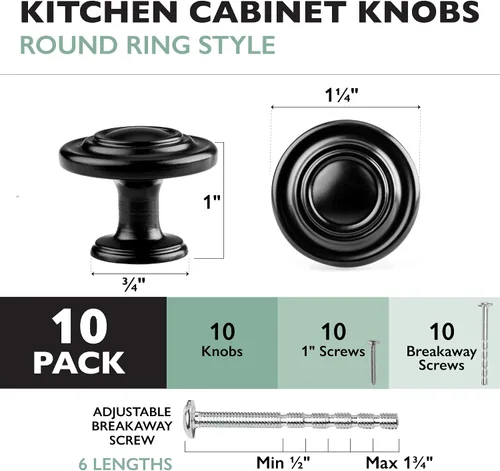 Miniatura 3 de Ilyapa - Pomos o perillas planas y negras para gabinete de cocina, de 1 1/4 con anillas redondas para cajones, 10 unidades de accesorios