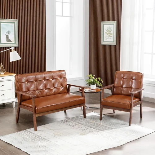 Miniatura 7 de Okeysen Juego de sofá loveseat moderno (negro) - Cuero ergonómico, diseño de mediados de siglo, 2 asientos y silla decorativa, muebles para espacios