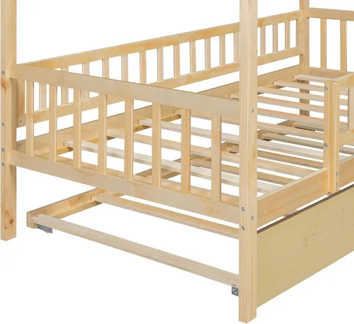 Miniatura 9 de Harper & Bright Designs Cama de madera con nido, marco de cama Platforn para niños de tamaño individual con rieles de valla y techo para niñas