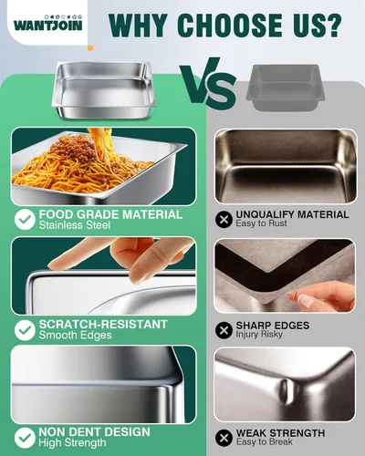 Miniatura 3 de WantJoin Recipientes Gastronómicos con Tapa 1/1 Tamaño Completo 4 Pulgadas de Profundidad Paquete de 3, Juegos de Bandejas de Metal de Acero