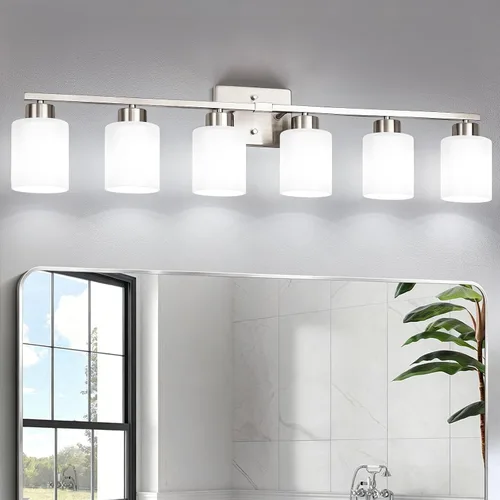 Miniatura 13 de FonmYim Lámpara de baño negra, lámpara de tocador moderna de 3 luces sobre espejo, apliques de pared con pantallas de vidrio esmerilado blanco