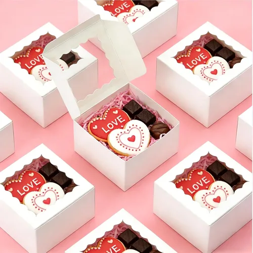 Miniatura 6 de XINHPKGG 50 cajas de galletas de 4 x 4 x 2.5 pulgadas, cajas de panadería con ventana, caja de postre para recuerdos de boda, fiesta, color blanco