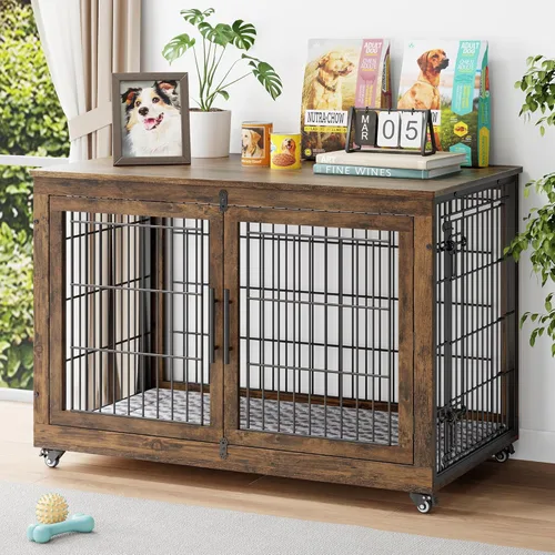 Miniatura 13 de YaFiti Mueble de jaula para perros con cojín, perrera de madera para interiores con puertas dobles, jaula para perros con ruedas, mesa auxiliar