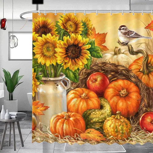 Miniatura 7 de MEHOFOND Cortina de ducha de calabaza de otoño, a cuadros, madera rústica, otoño, Halloween, Acción de Gracias, cortina de tela decorativa con 12