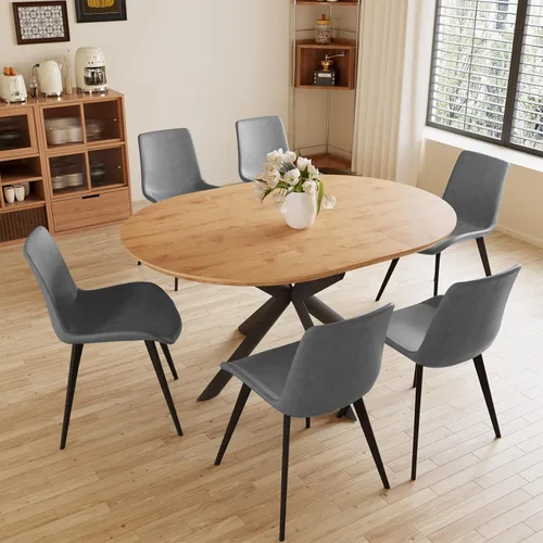 Miniatura 7 de HIPIHOM - Mesa de comedor redonda extensible de 43.2"-59.1", mesa redonda moderna de madera de mediados de siglo, mesa de café de roble para ocio