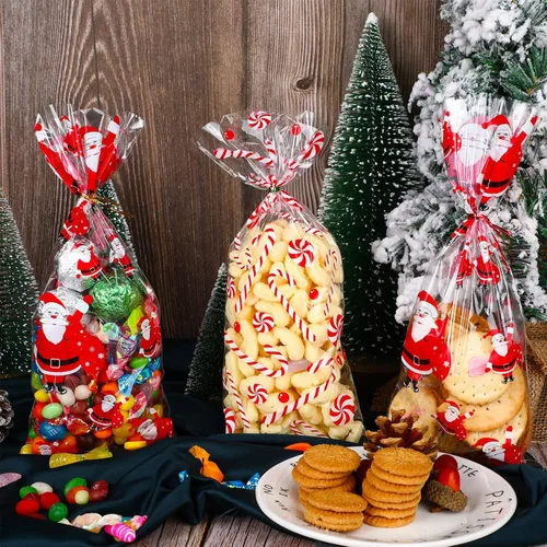 Miniatura 3 de Boao 100 bolsas de celofán, bonitas bolsas de golosinas transparentes con 150 lazos giratorios para suministros de fiesta (estilo navideño 11)