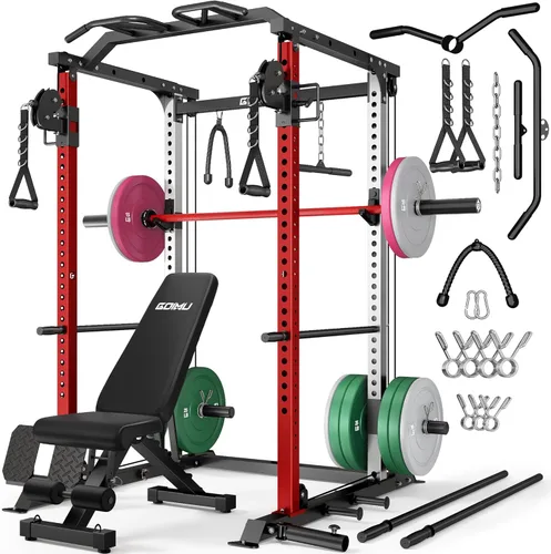 Miniatura 22 de DP01 - Jaula de potencia, estante para sentadillas de 2000 libras con cable cruzado y sistema de polea doble independiente, jaula completa para Rojo