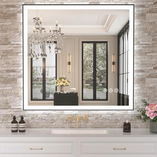 Miniatura 34 de Amorho Espejo de baño LED de 24 x 32 pulgadas con luces, iluminación frontal y retroiluminación, regulable continuamente, antiniebla, vidrio Frente