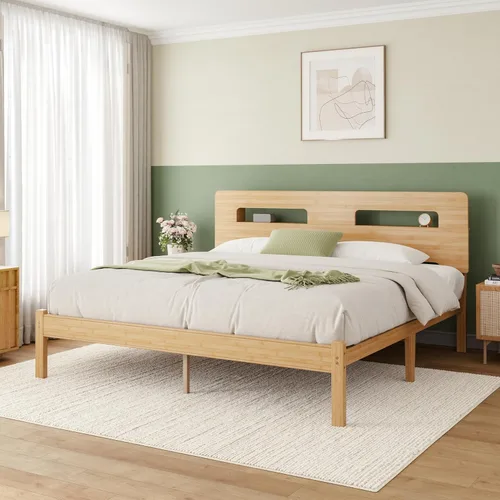 Miniatura 15 de ZIYOO Marco de cama de madera de bambú maciza tamaño individual con cabecera de almacenamiento, marco de cama plataforma de 14 pulgadas