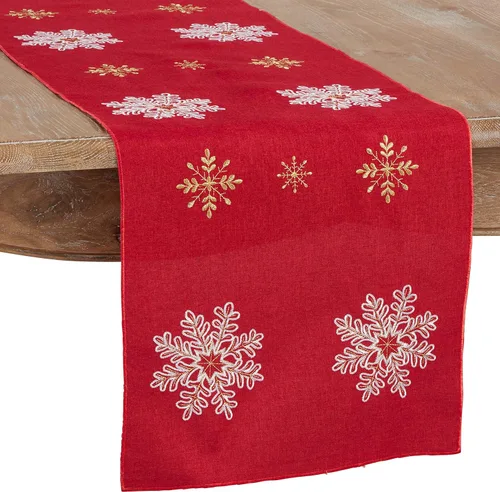 Saro Lifestyle Camino de mesa bordado con diseño de copo de nieve, rojo, 16 x 108 pulgadas