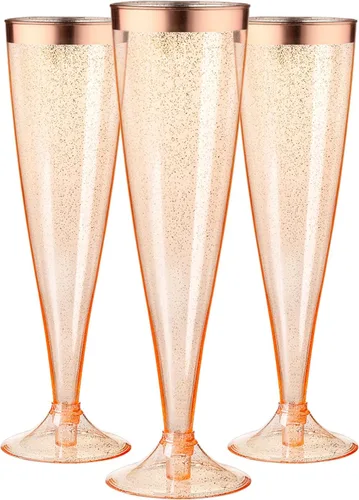 Miniatura 10 de Homy Feel Paquete de 30 copas de vino de plástico oro rosa con purpurina, copas de champán de 5 onzas desechables para fiestas, copas de champán