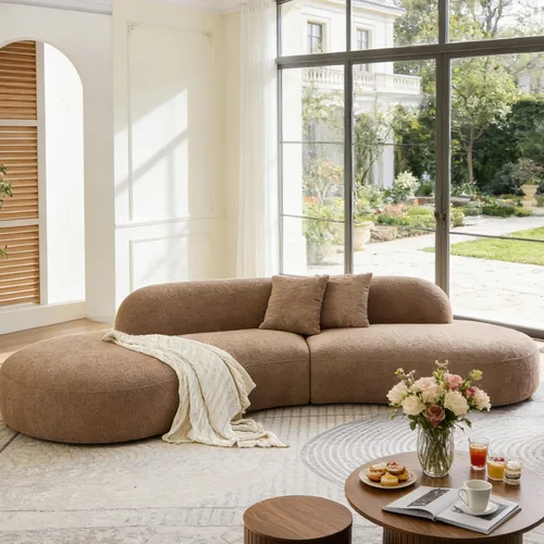 Miniatura 11 de Sofá curvado de lujo de 135.4 pulgadas, moderno sofá beige tapizado, cómodos sofás Boucle tapizados de gran tamaño con diván, sofás seccionales