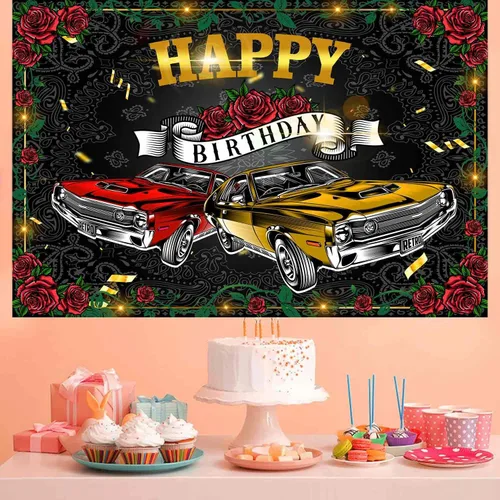 Miniatura 6 de Telón de fondo retro para automóvil de 9 x 6 pies para fiesta de cumpleaños, fiesta temática de los años 50, suministros de decoración de fiesta