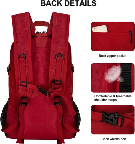 Miniatura 4 de Mochila de senderismo de 45 L con cubierta para lluvia, mochila de campamento plegable ligera para senderismo, resistente al agua con poste de Rojo